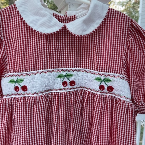 Beautiful Smocked Red and White Gingham Classic Dress with Cherries - Picture 2 of 6